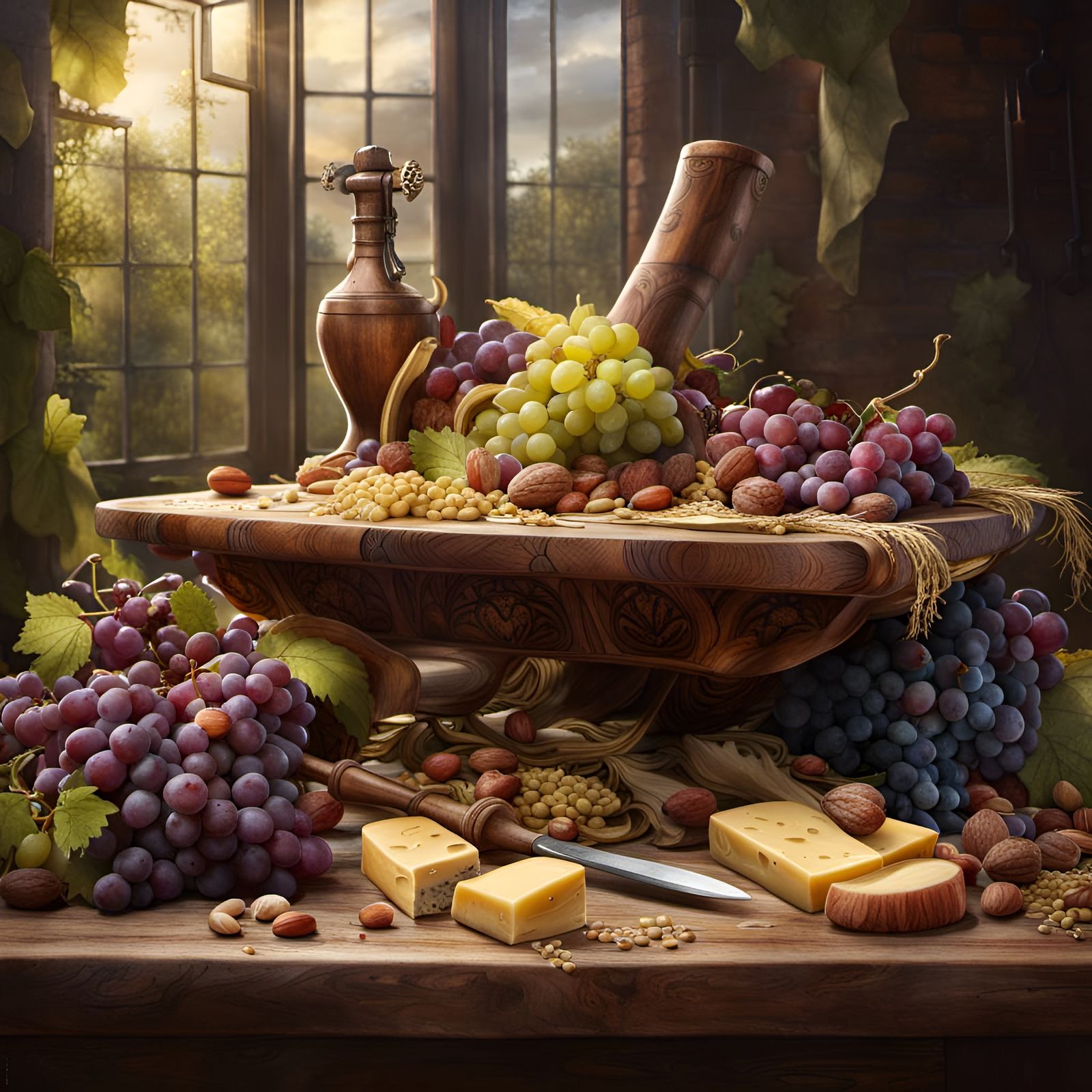Abundant Medieval Feast with Cornucopia in Earthy Tones