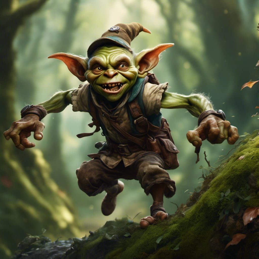 Hyperrealistic Goblin Scout Leaping in Forest