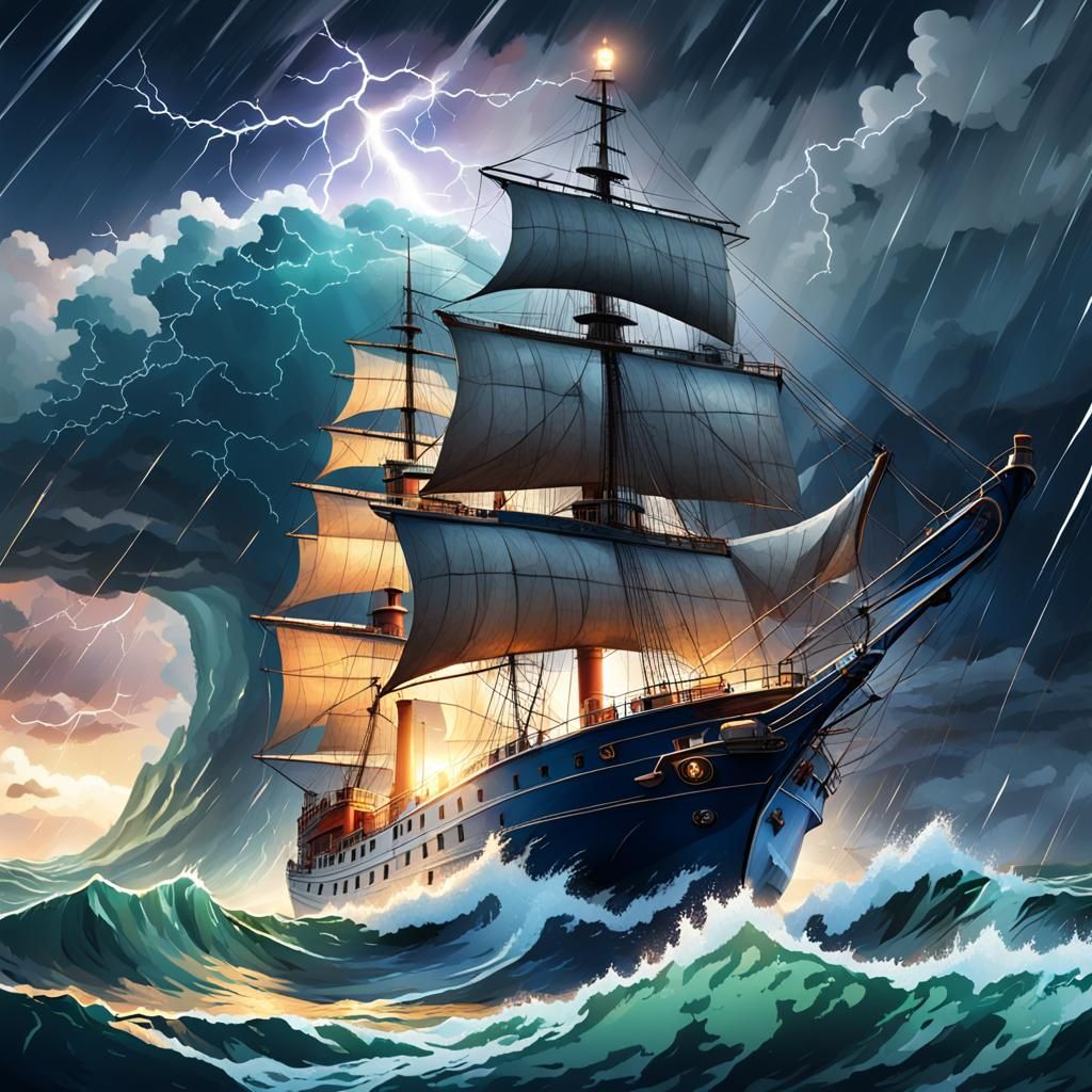 Ship Sails on Stormy Sea: Hyperrealistic Splash Art
