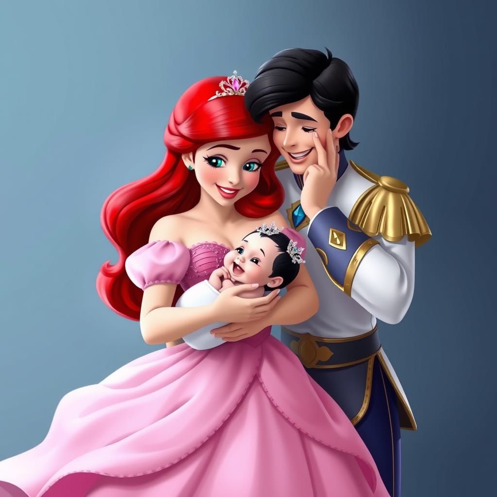 Ariel, Eric, and Baby: Heartwarming Photorealistic Portrait