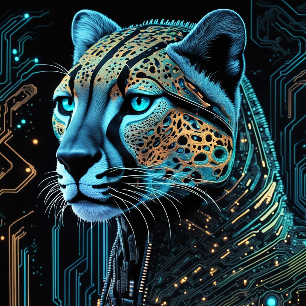 Bioluminescent Cheetah Circuit Board Hologram in Cyberpunk S...