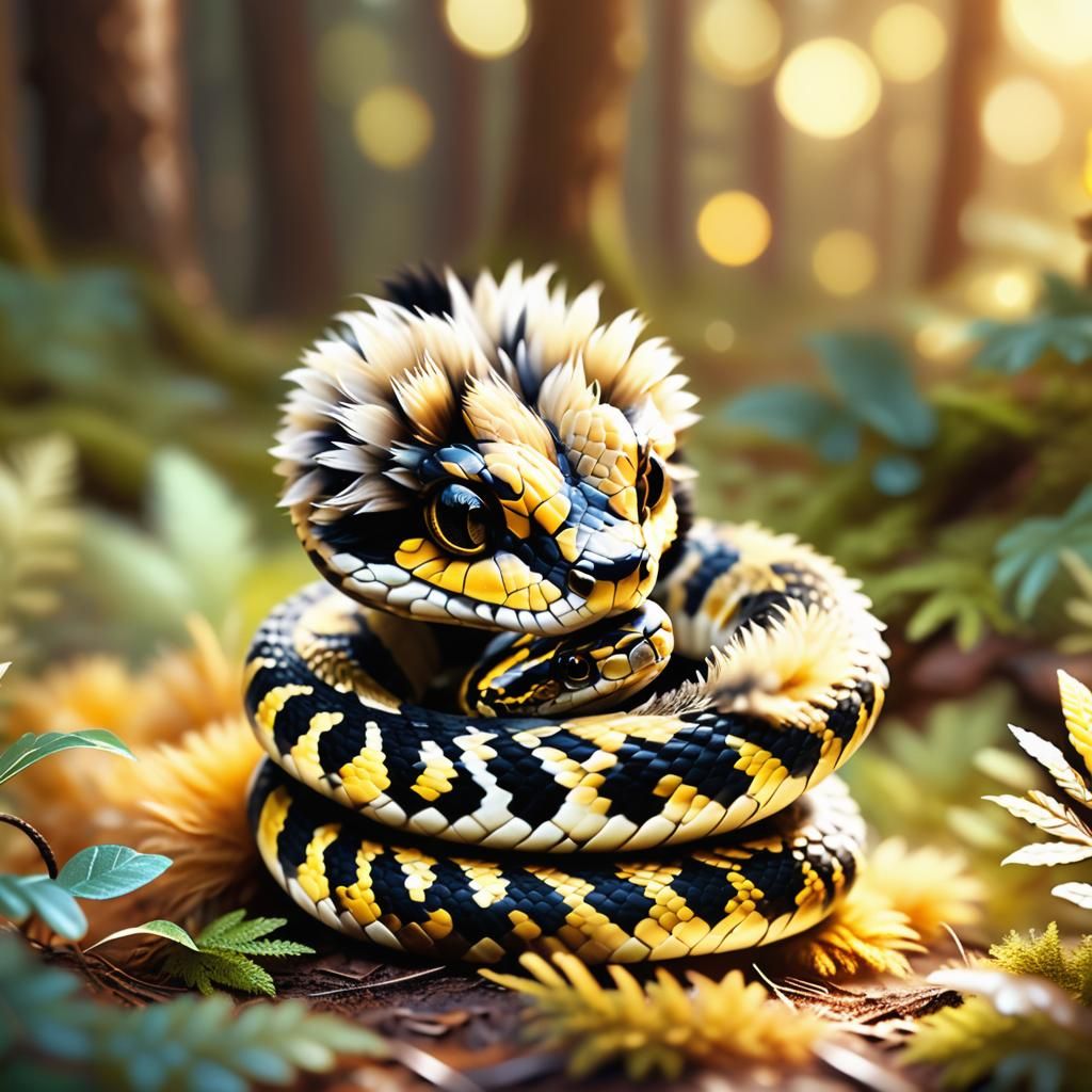 Adorable Furry Baby Snake in Forest: Digital Art