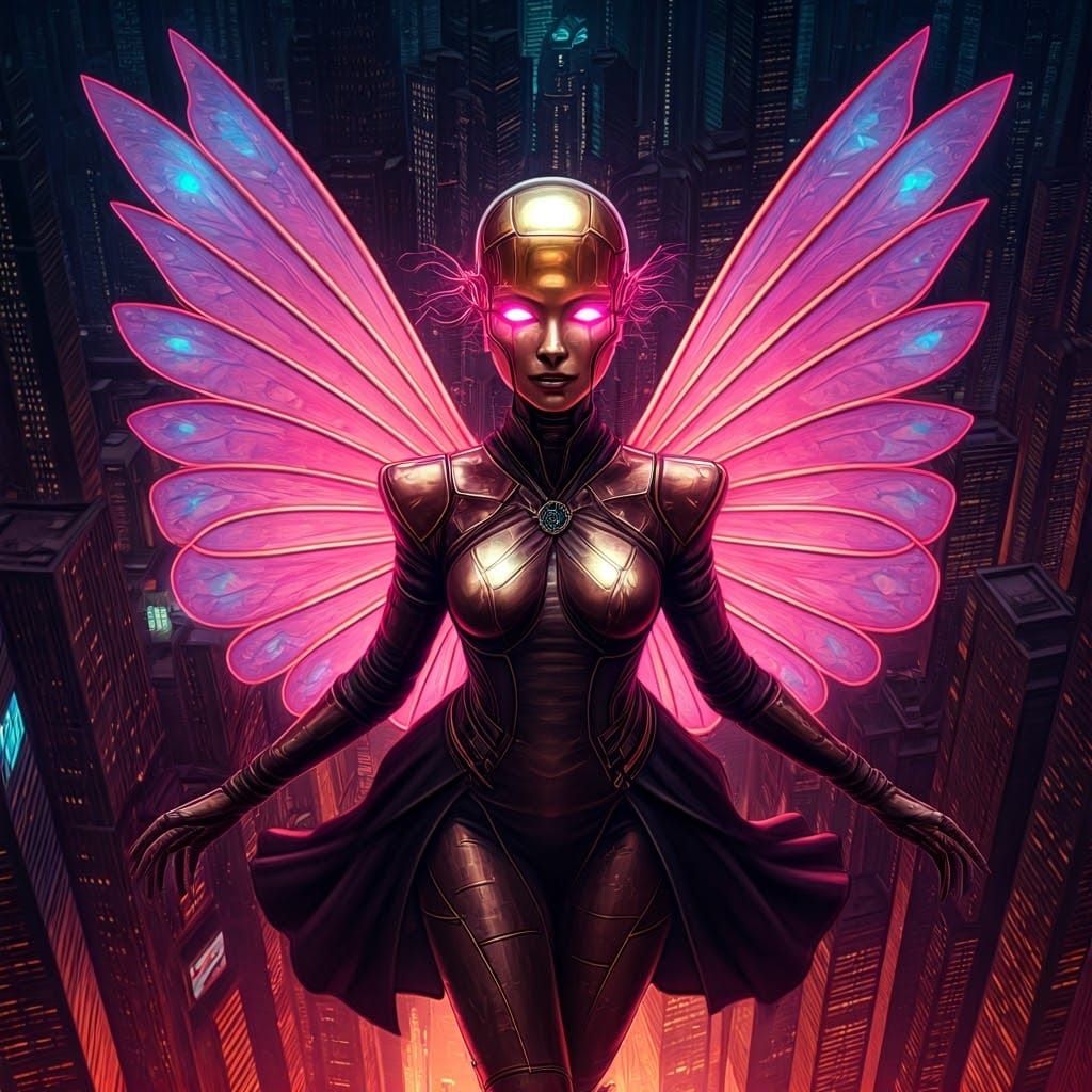 Futuristic Robot Goddess in Retrofuturistic Metropolis