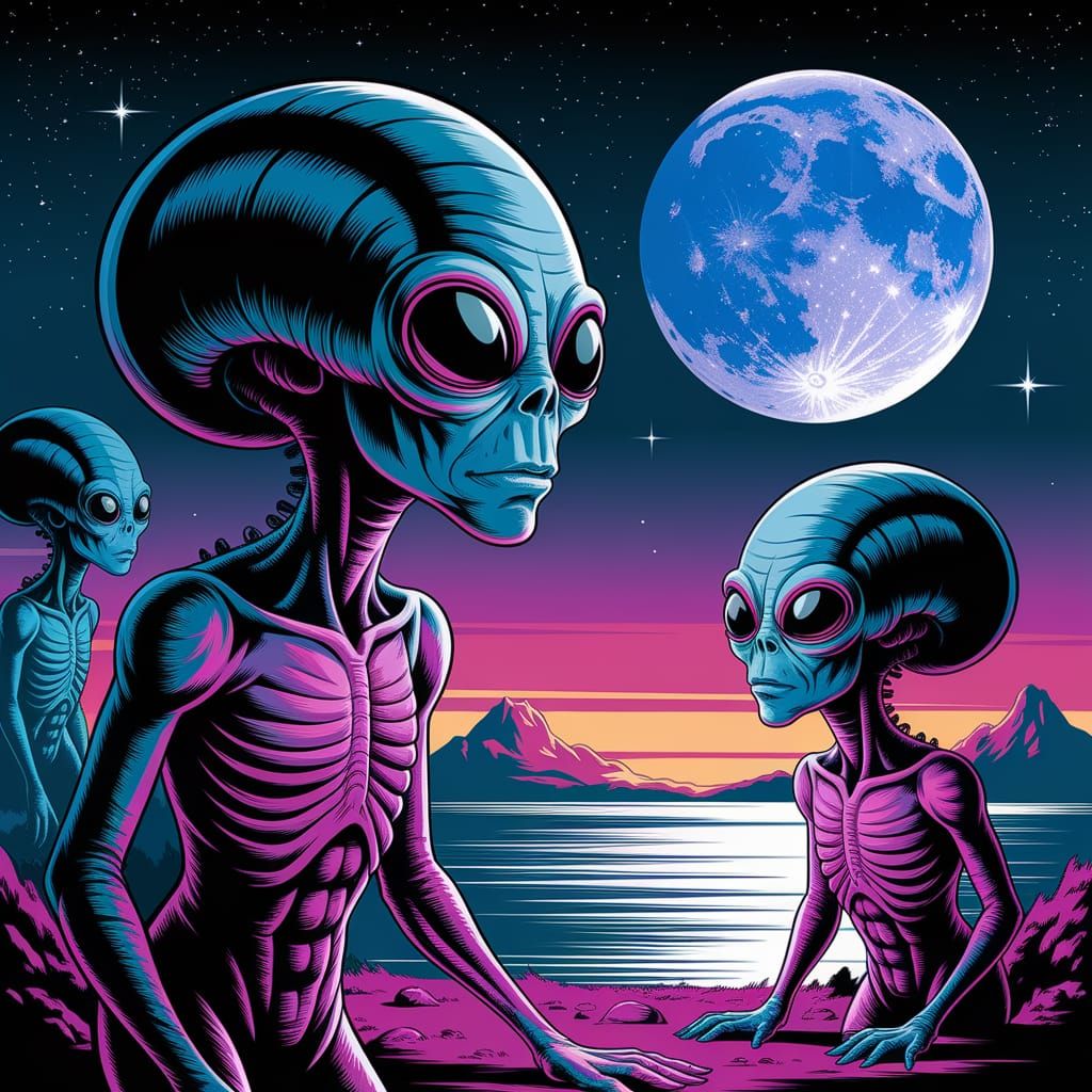 Sinister Aliens Observe the Moon by Greg Rutkowski Style