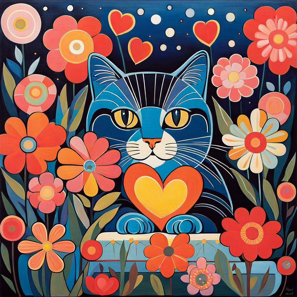 Cat in Floral Landscape Painting