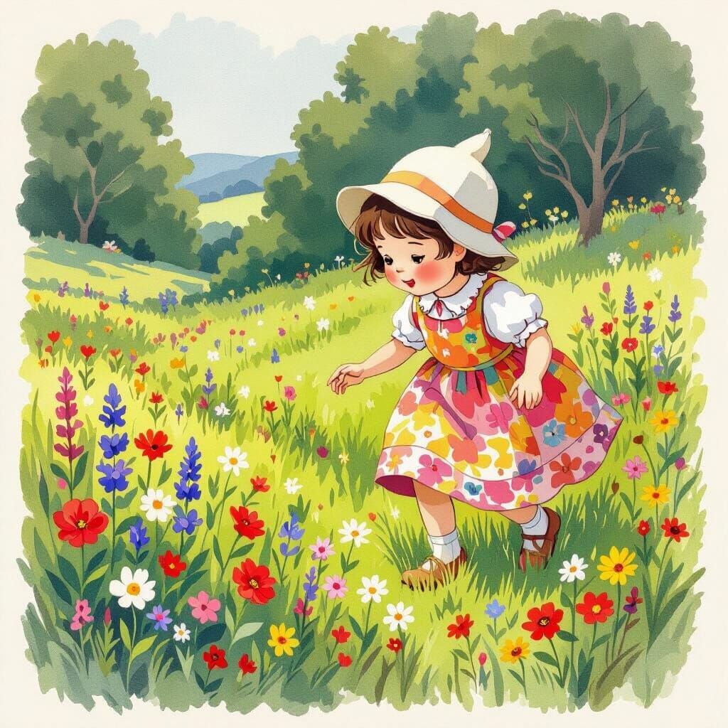 Childhood Joy in a Whimsical Meadow Illustration