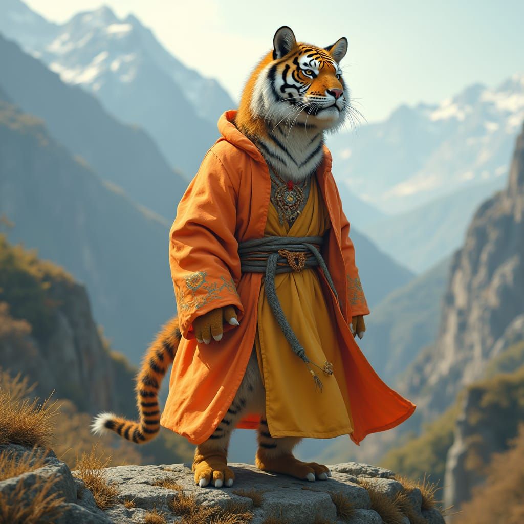 Majestic Tiger-Lama Hybrid in Himalayan Serenity
