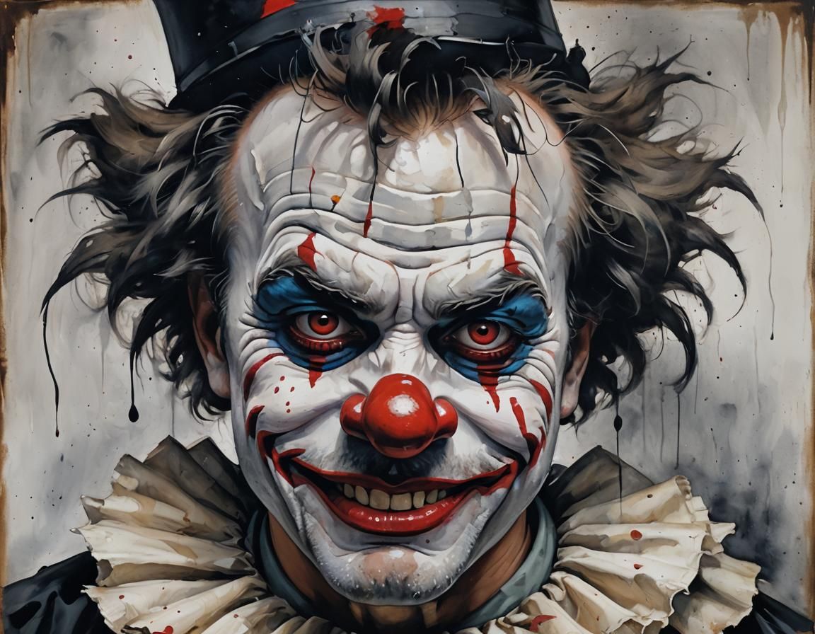 Melancholy portrait of a forlorn clown, face painted in a ga...