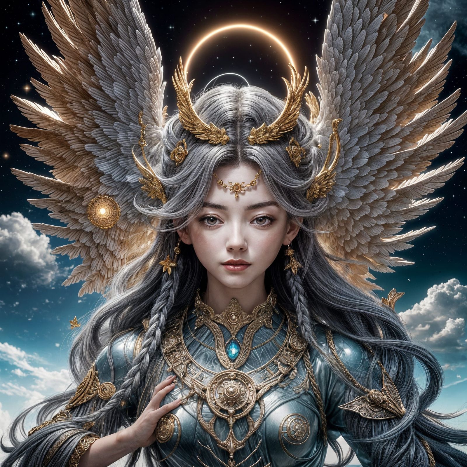 Angel in Serene Reverence with Vibrant Crimson Wings