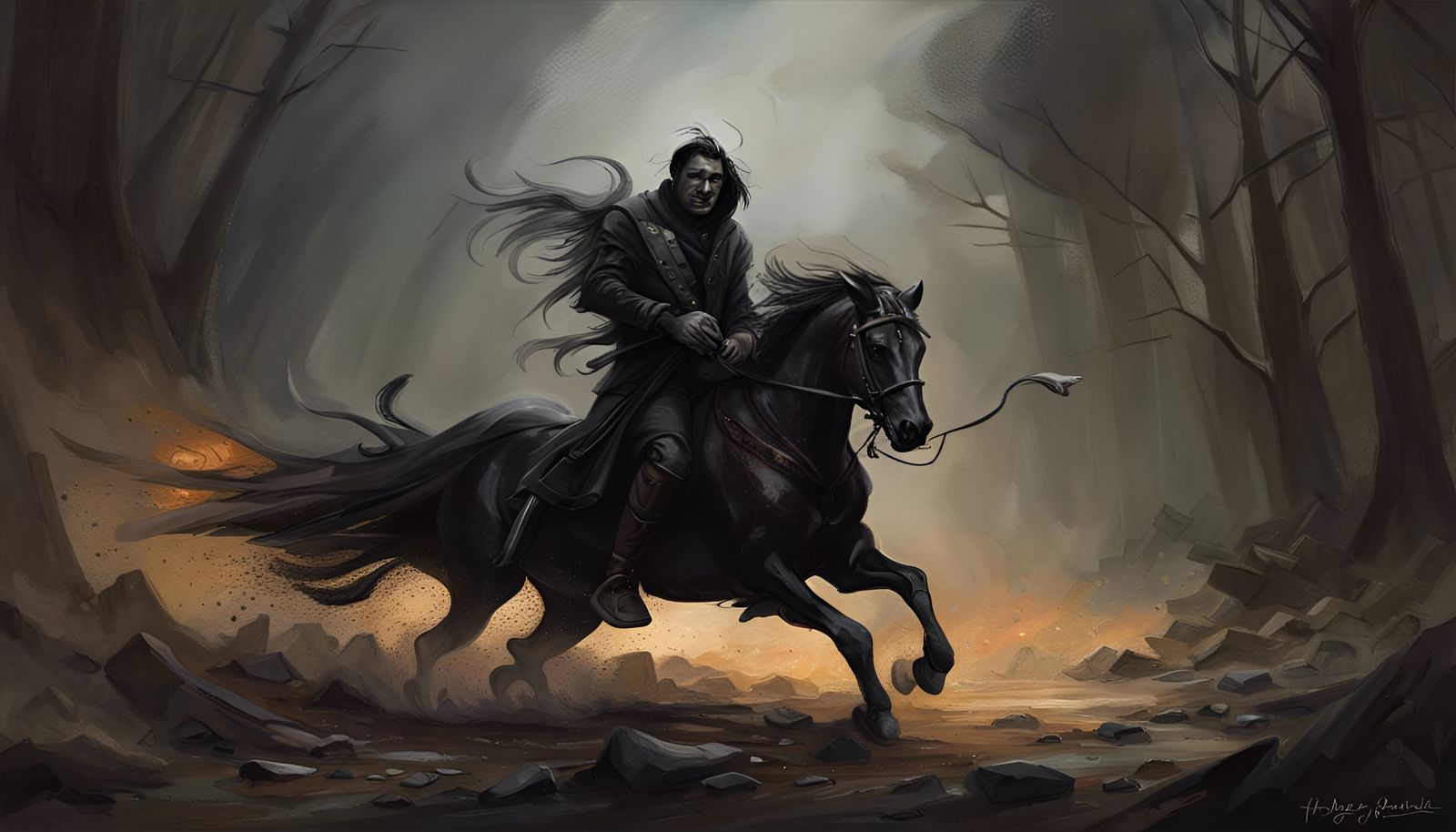 Headless Horseman Galloping Through Dark Forest