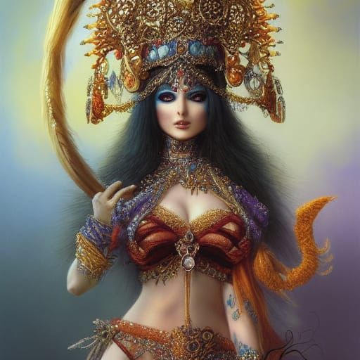 Pomeranian Bellydancer with Ornate Headdress, Digital Oil Pa...