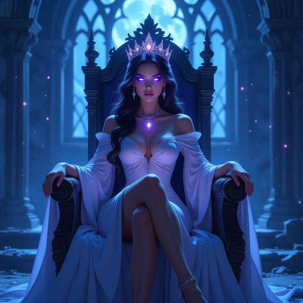 Queen in Ruined Throne Room with Glowing Violet Eyes