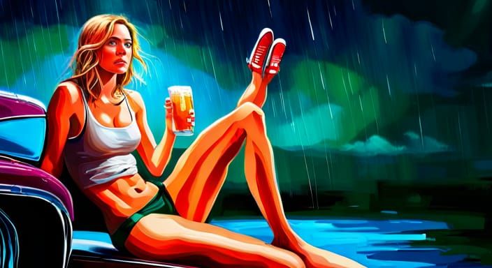 Barefoot Woman on Car Hood in Summer Rain