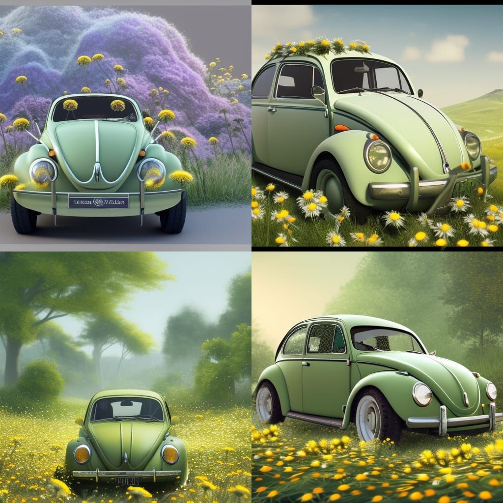 Sage Green VW Bug Covered in Daisies