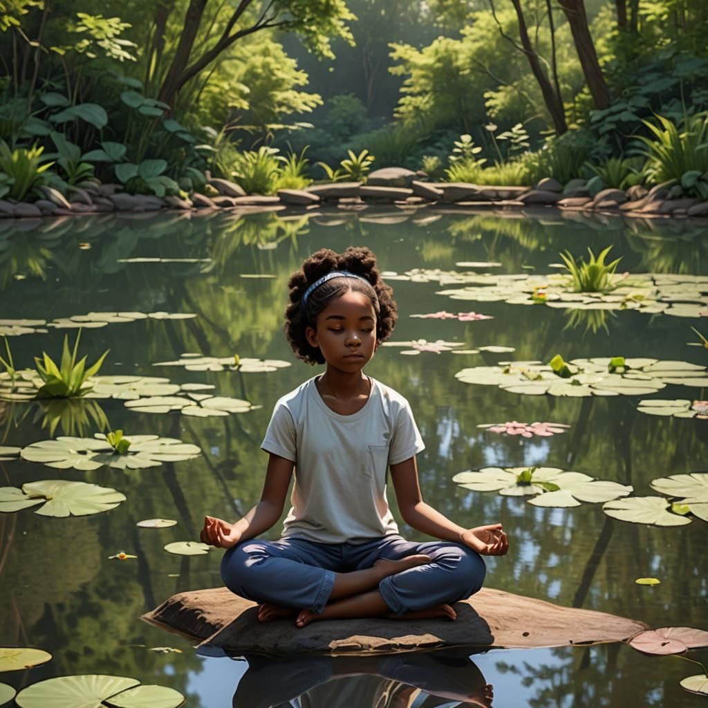 Girl Meditating by Pond in Pixar Style