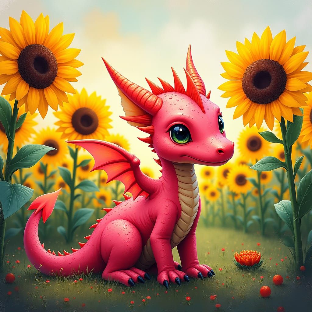 Pink Dragon in Sunflower Field, Hyper-Detailed Art