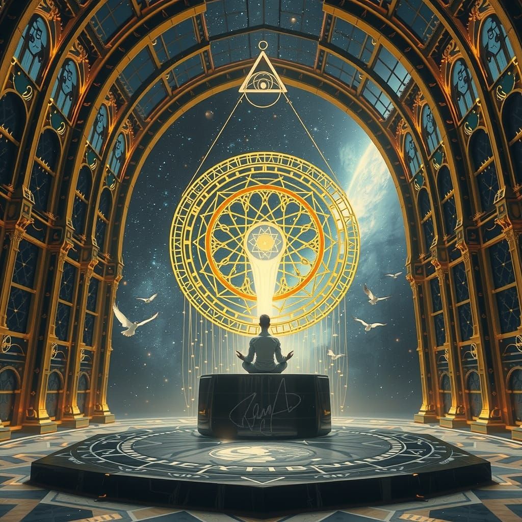 Cosmic Cathedral: Architect Meditates Before Celestial Glyph