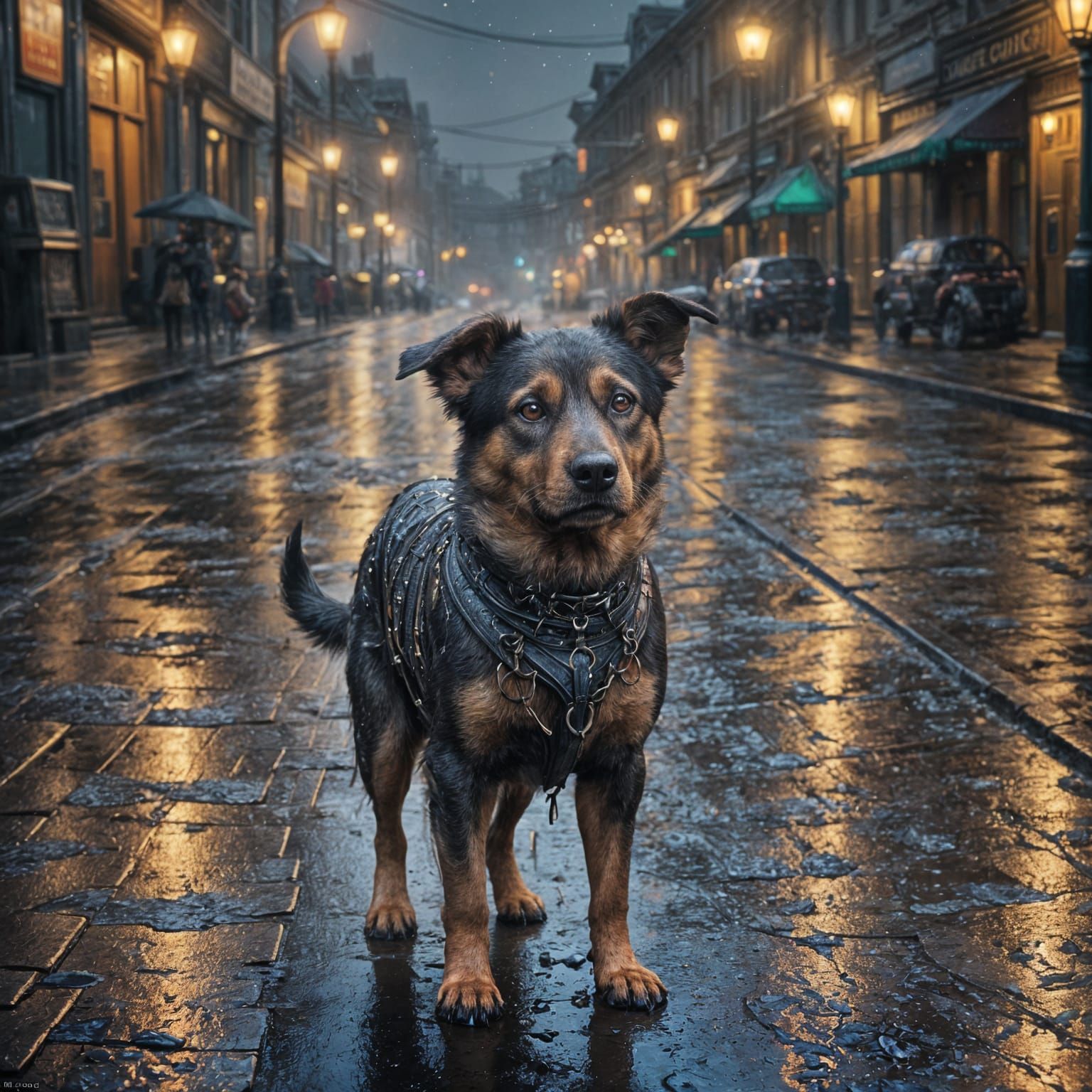 Sad Dog Portrait in Dark, Muddy Streets