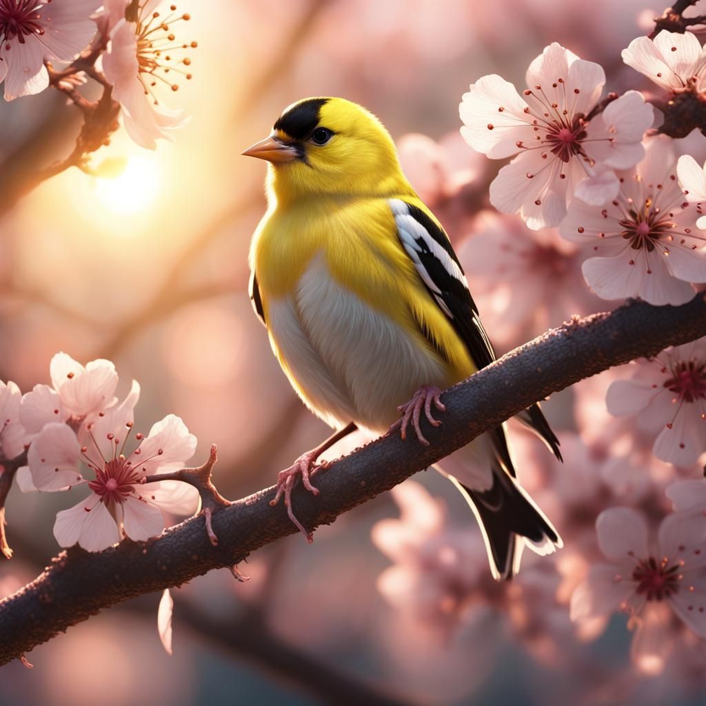 Goldfinch in Cherry Tree: Detailed Matte Painting