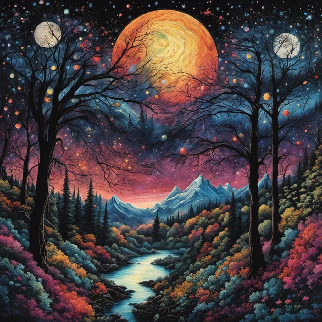 Gothic Tim Burton Style Comet Over Forest