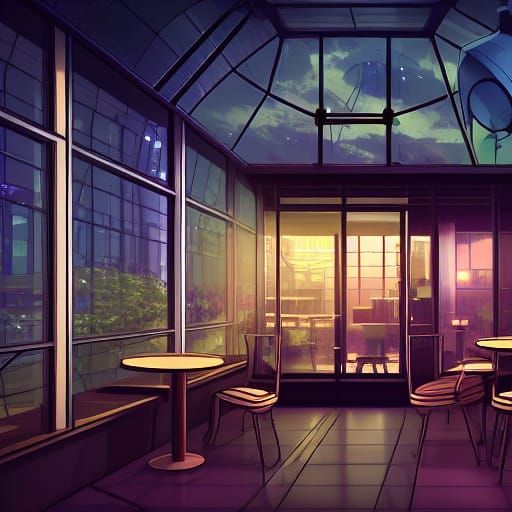 Futuristic Cafe Interior in Anime Style