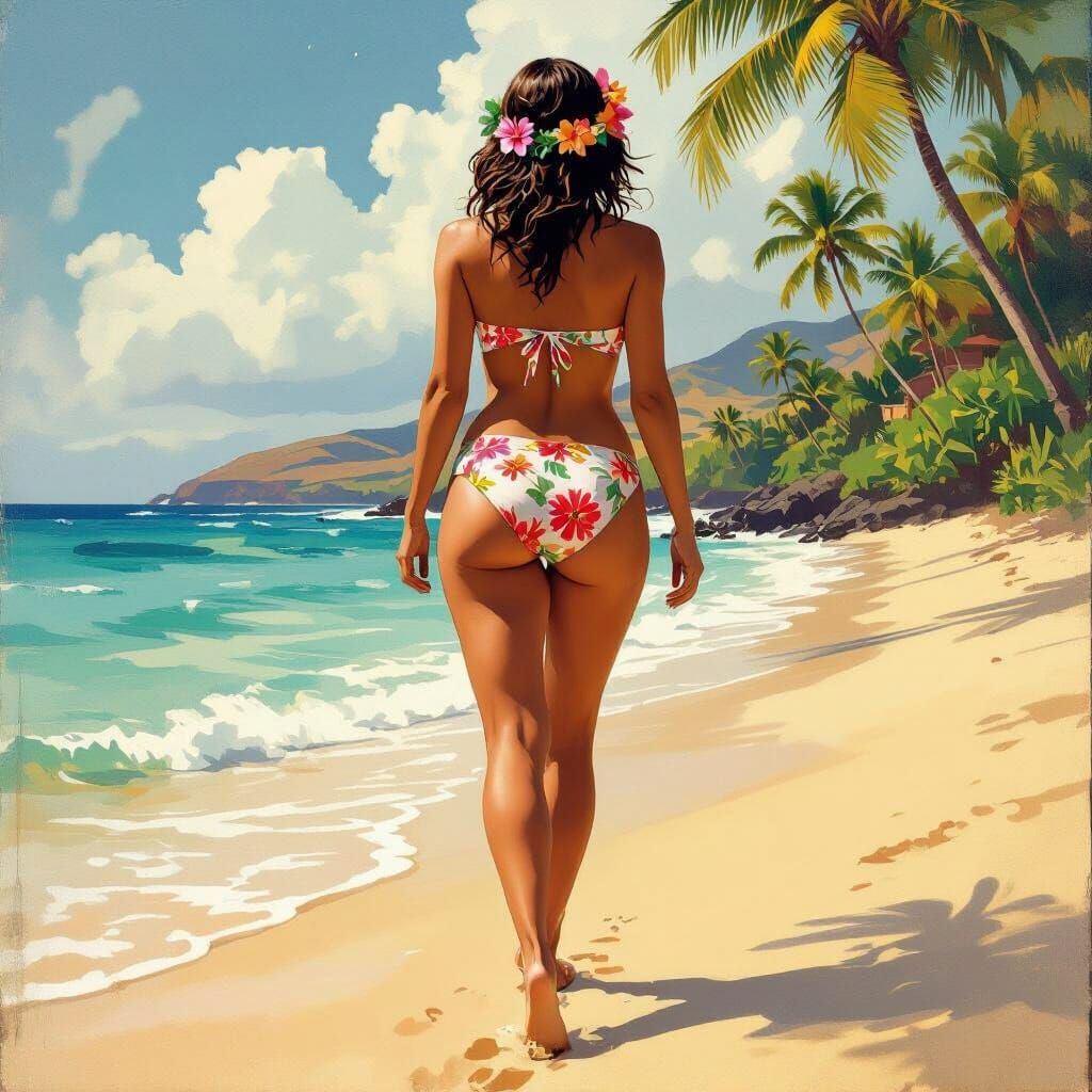 Tropical Beach Beauty in Art Nouveau Style