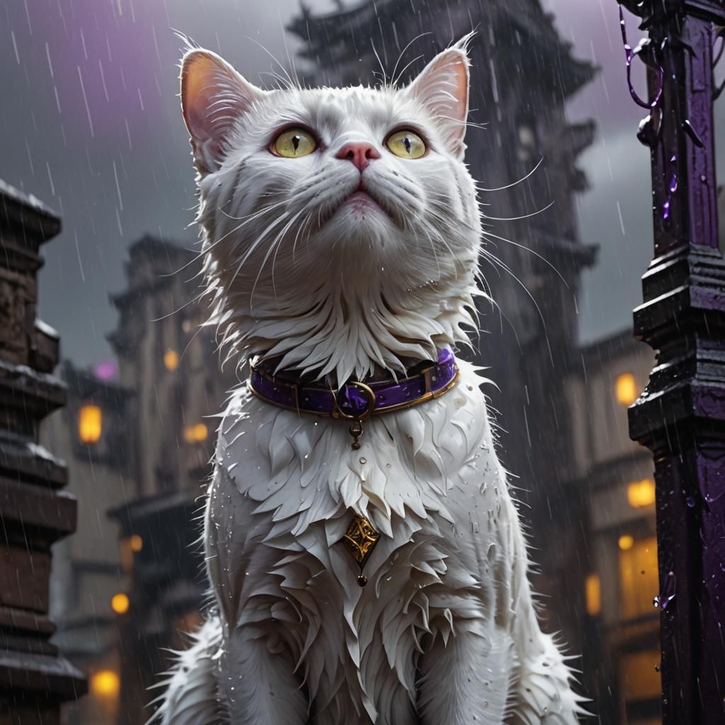 Sad Cat in Rain: Dark Fantasy Concept Art