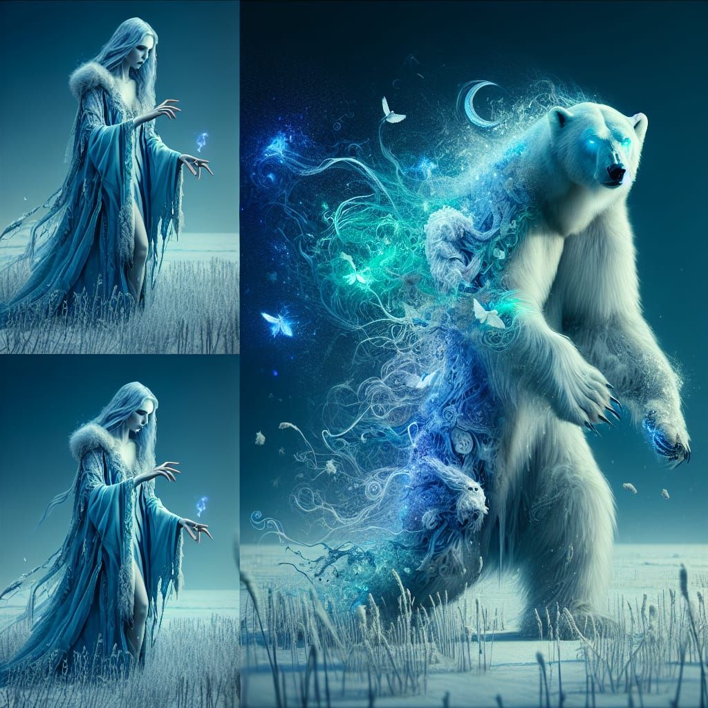 Ethereal Elven Figure Transforms into Majestic Polar Bear in...