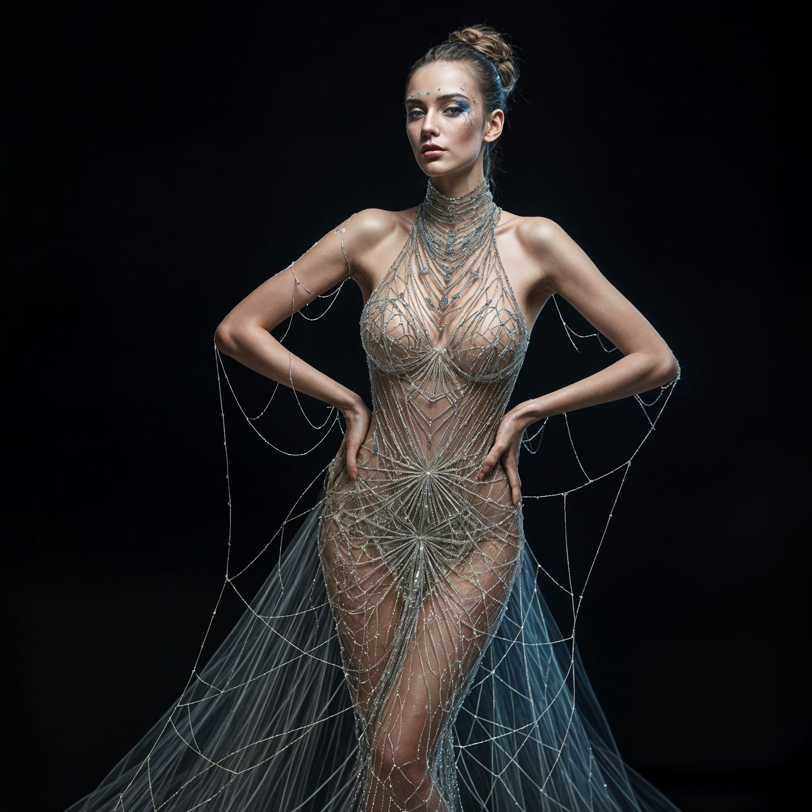 Model in Glowing Spider Silk Fashion