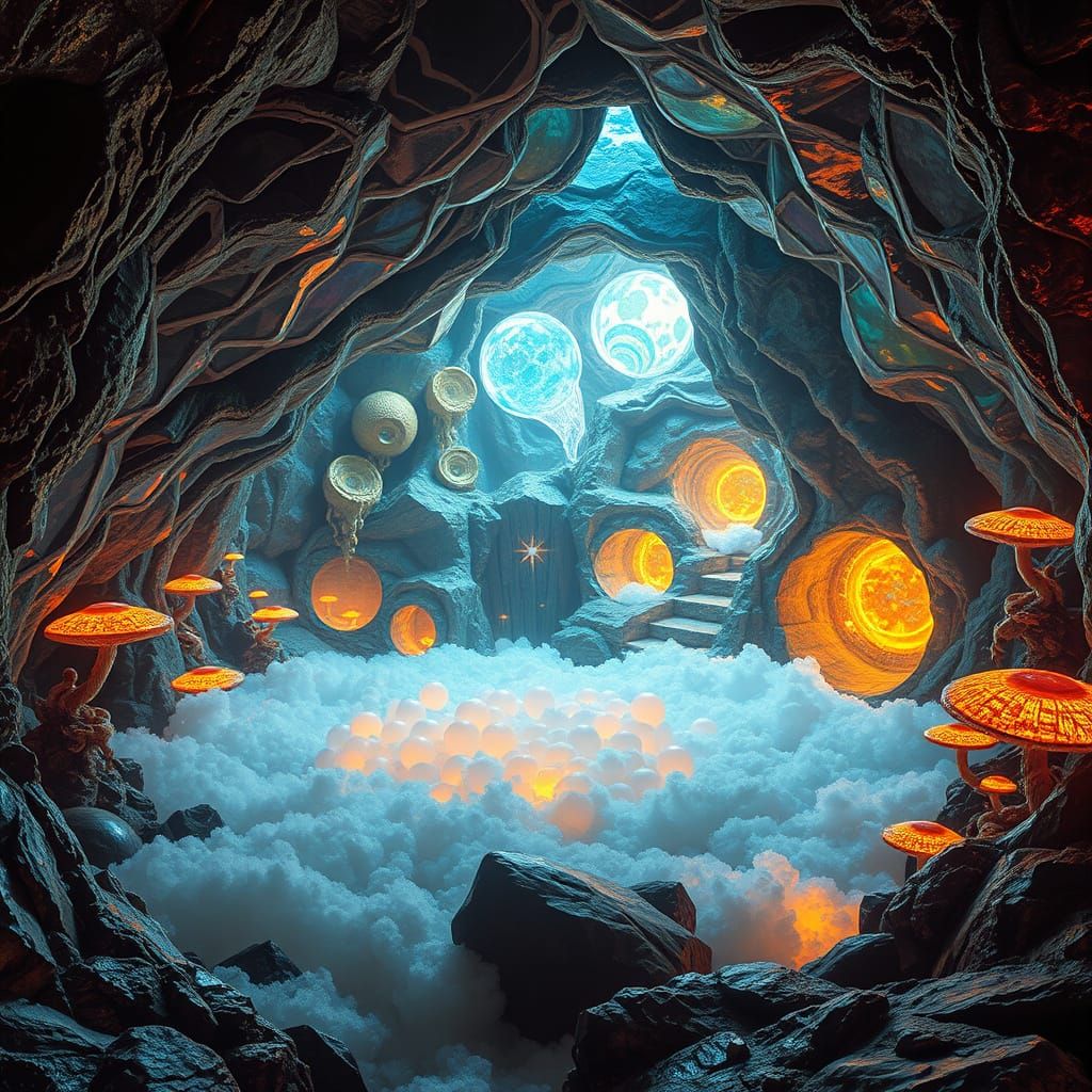 Surreal Subterranean Oasis with Iridescent Walls and Glowing...