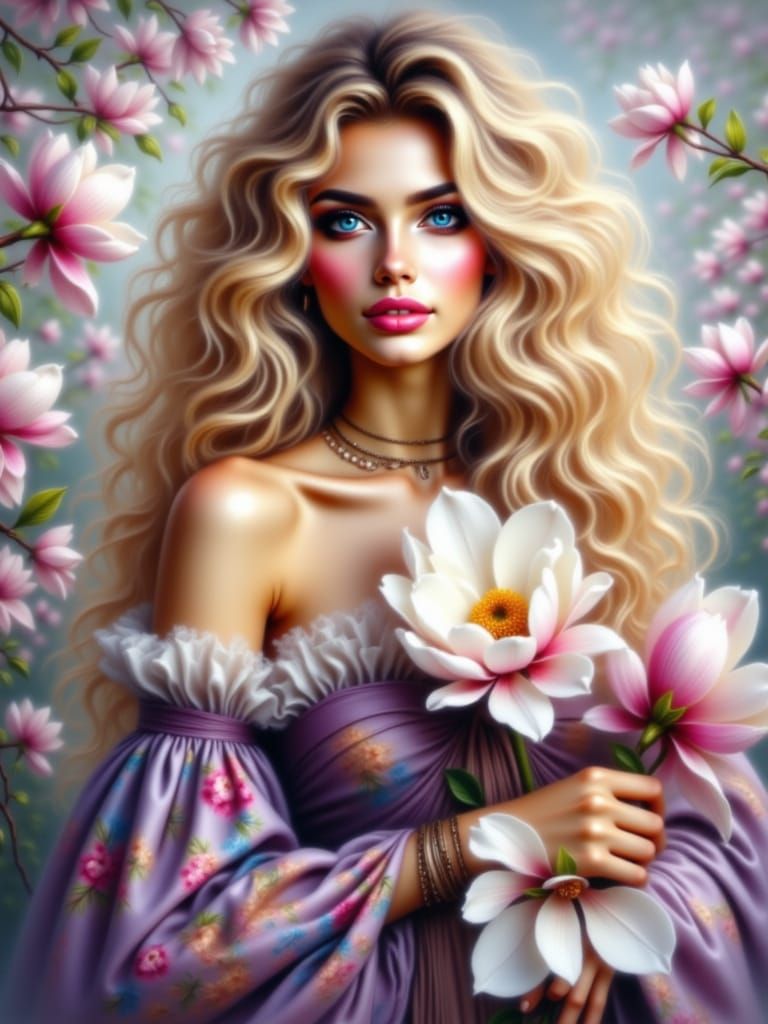 Romantic Blonde Holding Magnolia Flowers