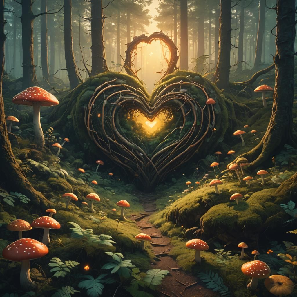 Glowing Heart in Mystical Forest: Digital Matte Painting
