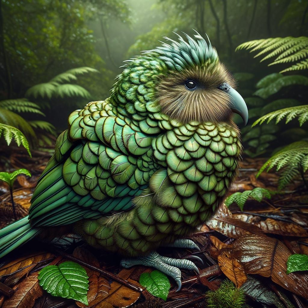Rare Green Fiordland Kakapo bird. Nearly extinct.