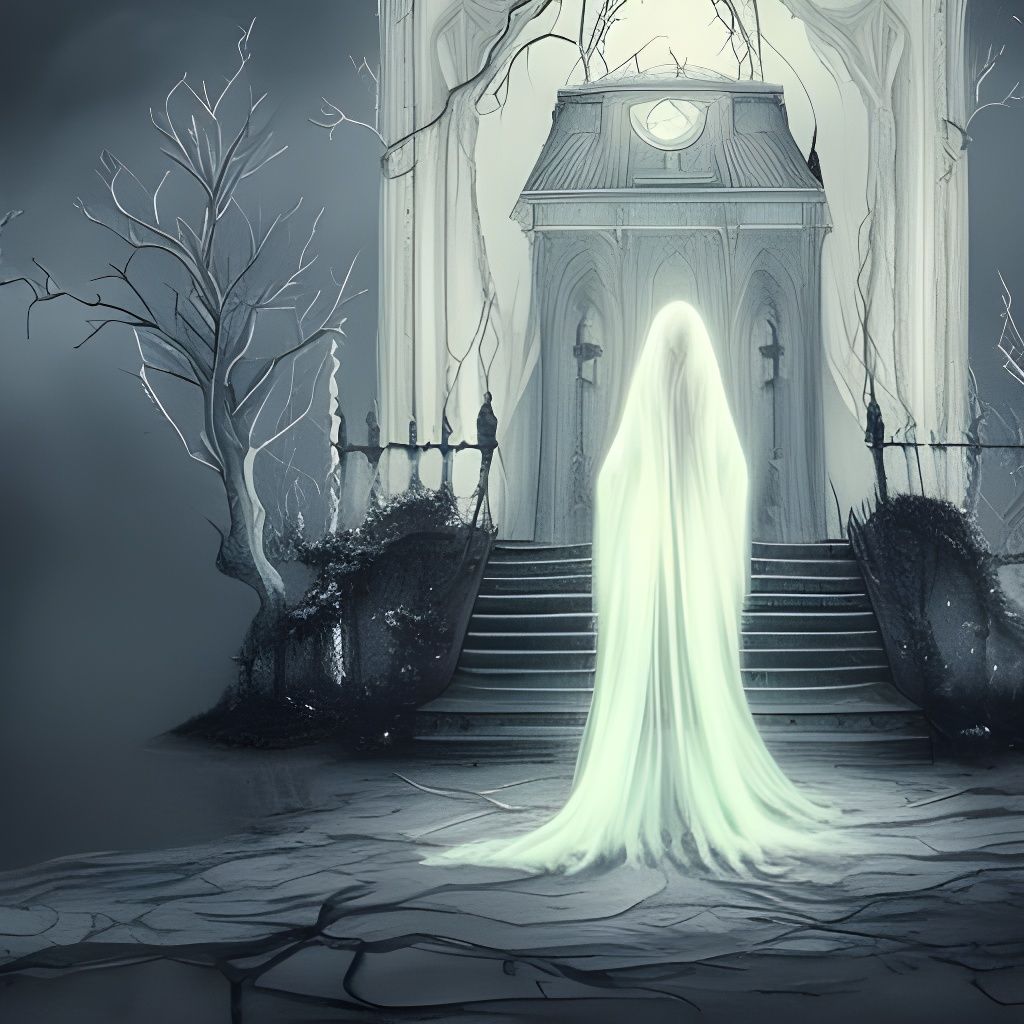 Ghostly Woman Before Haunted House in Moonlight
