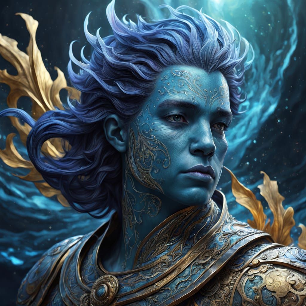 Aquarian Figure Emerges from Cosmic Ocean Waves