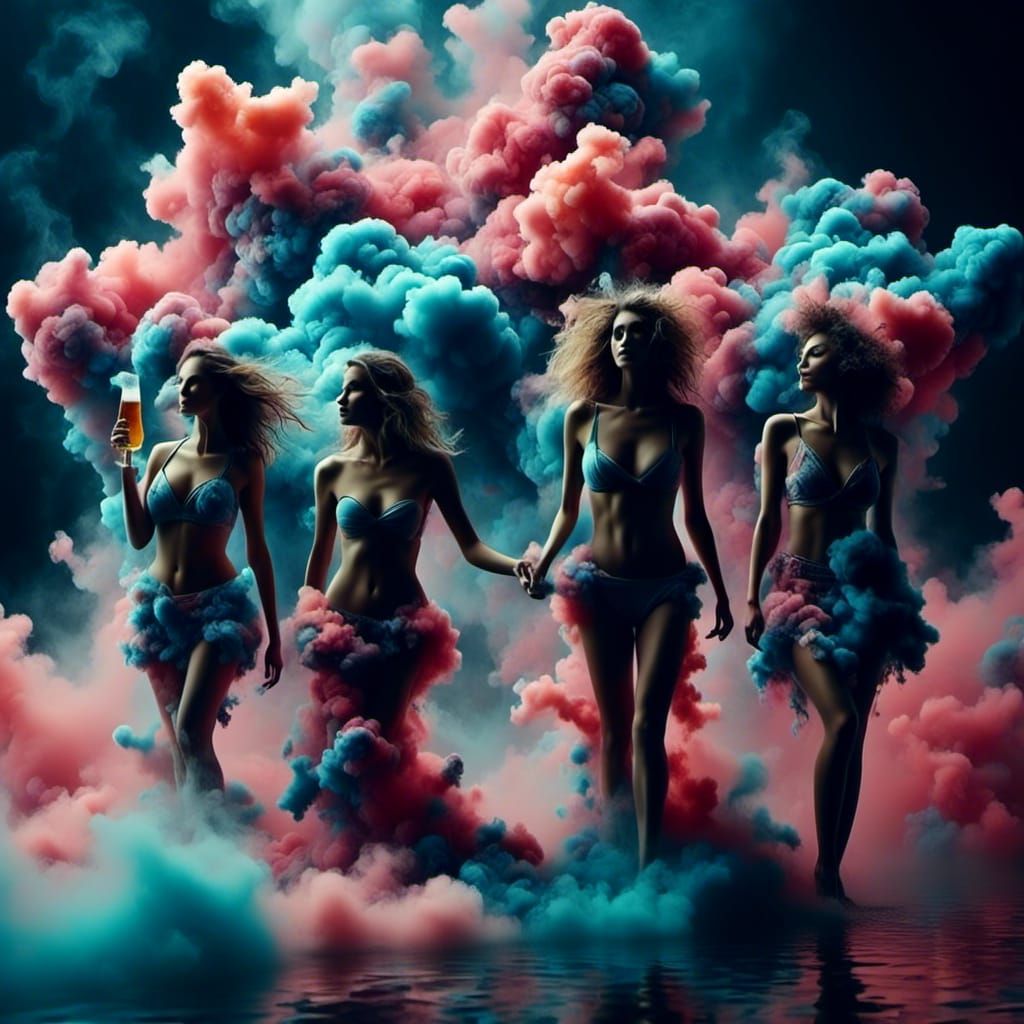 Bikini Models Serving Cocktails on Cloud Floor