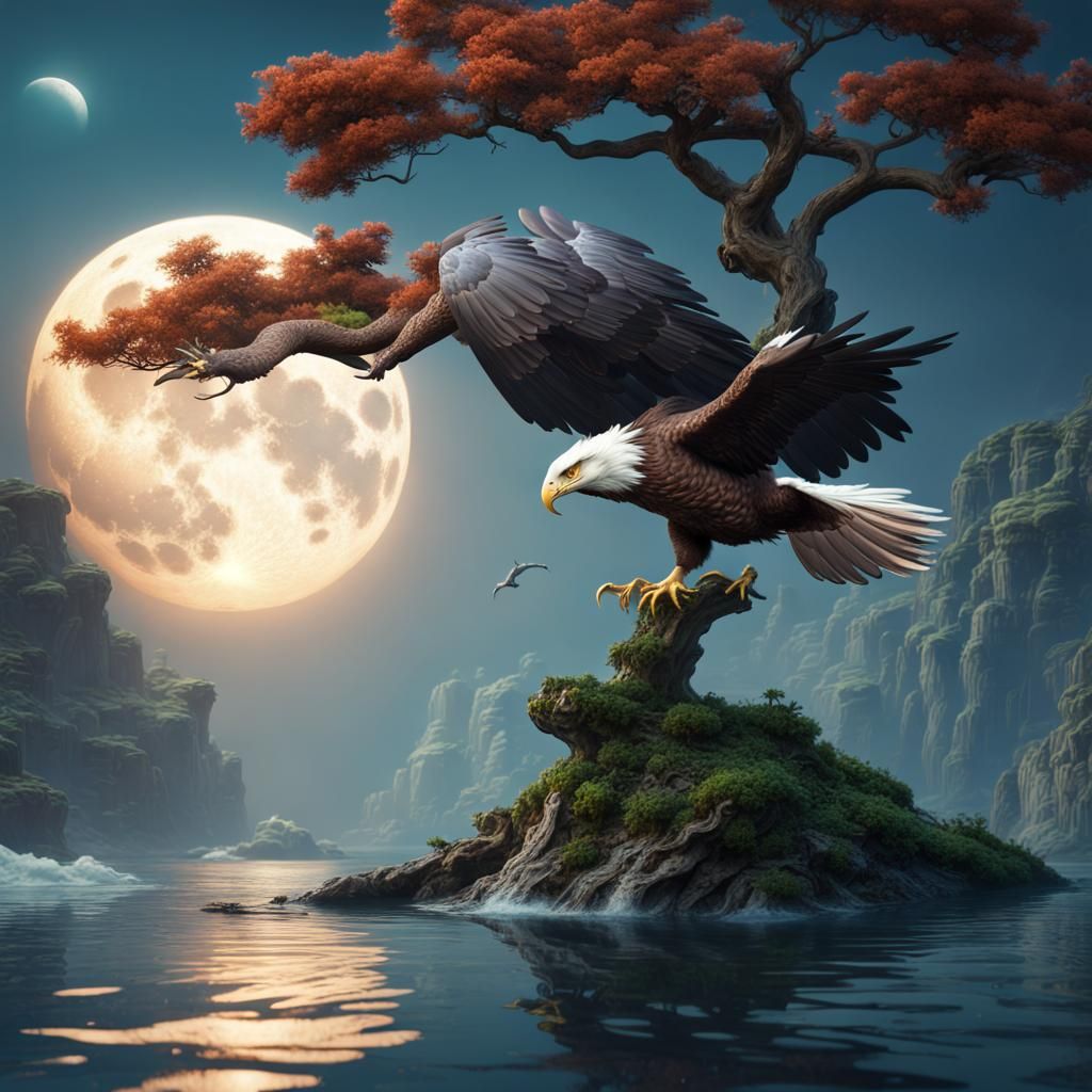 Mystical Bonsai Creature Flying Over Ocean to Moon