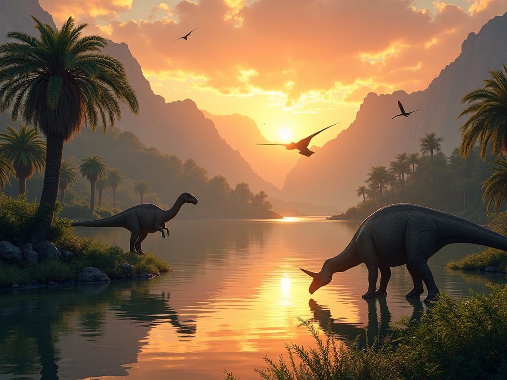 Prehistoric Lakescape at Dusk with Towering Dinosaurs