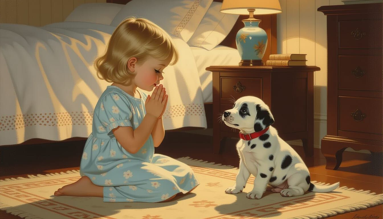 Girl Saying Bedtime Prayers with Puppy in Warm Light