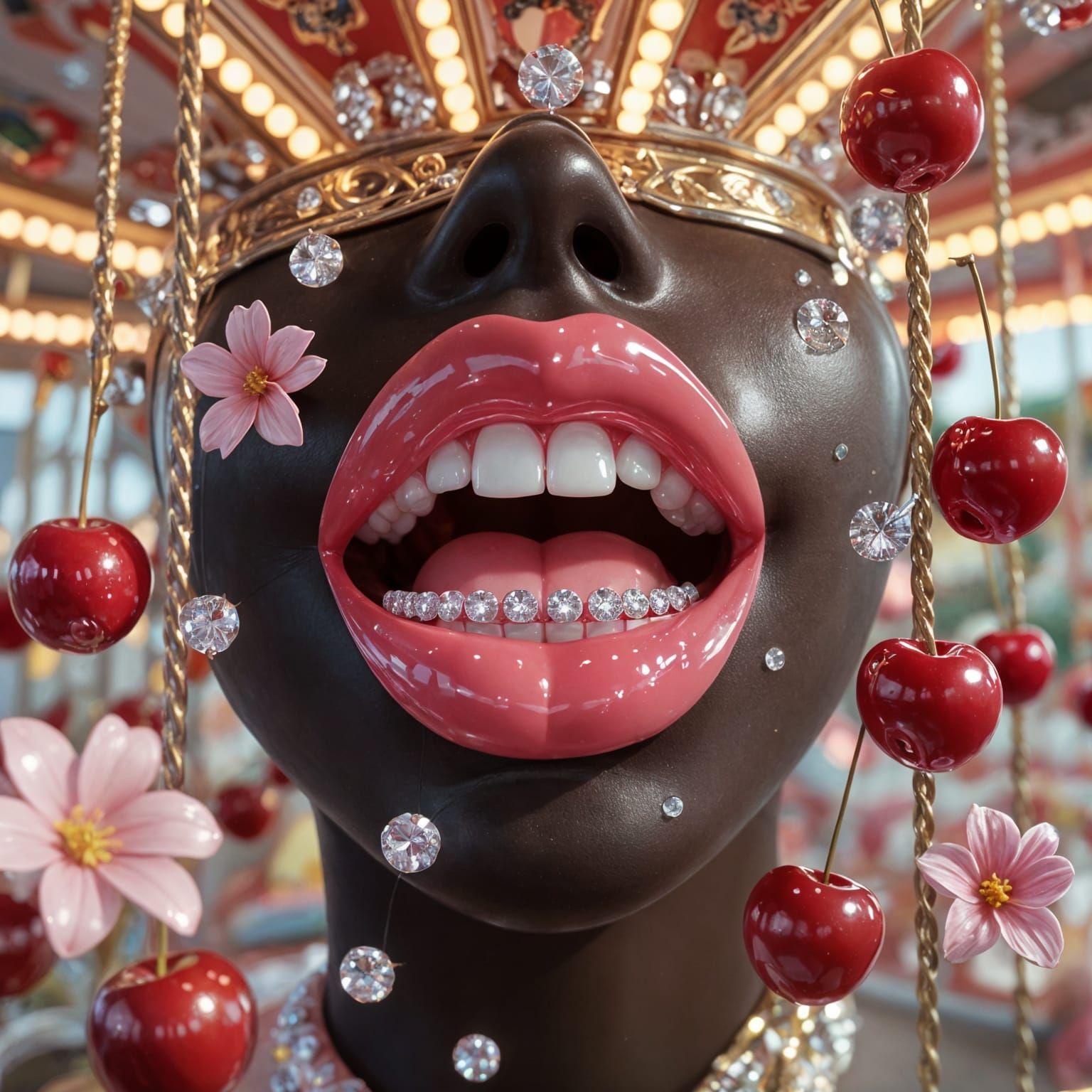 Pink Glass Mouth with Jewels and Cherries, Anime Style
