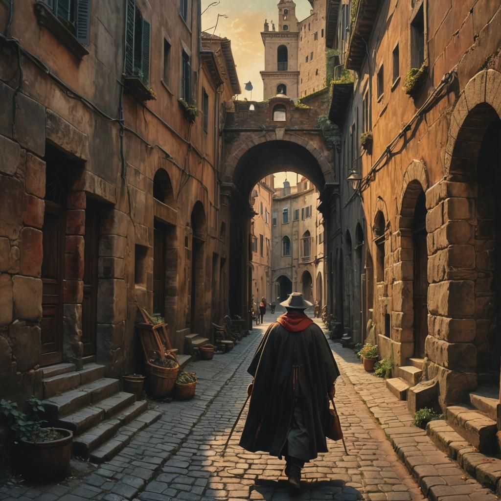 Person Walks Ancient Rome in Bosch Style