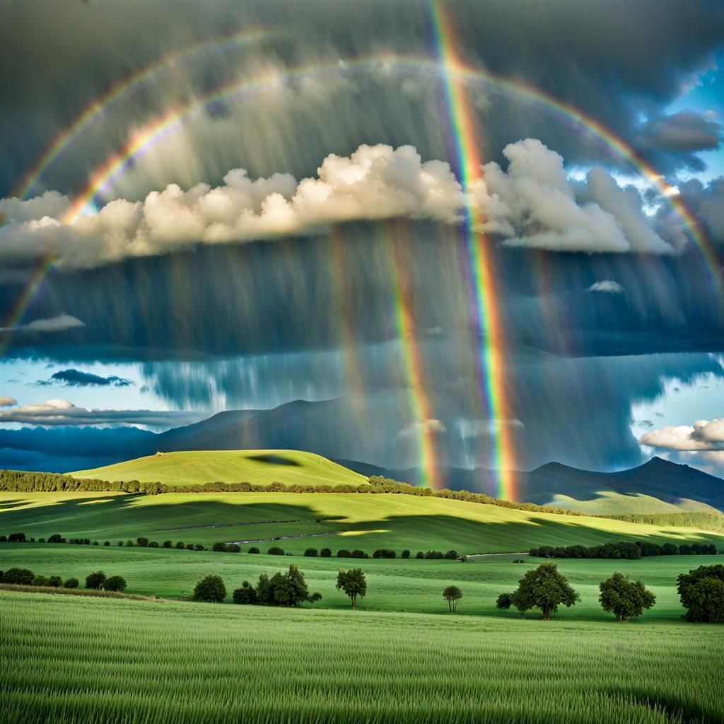 The storm has passed, and a solitary rainbow arcs across the horizon. The colors are vibrant against the clear, azure sk...