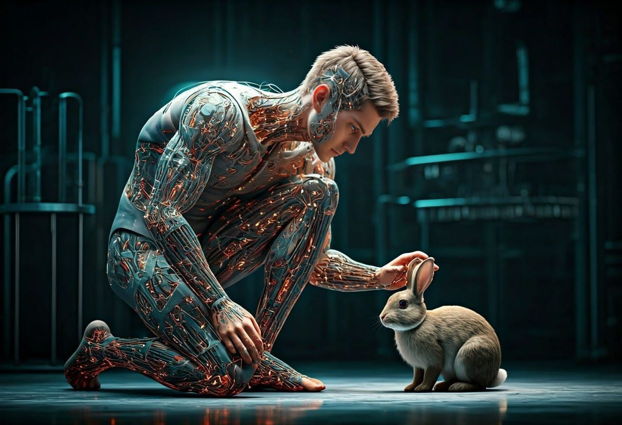 Android Kneels to Pet Rabbit in Futuristic Lab Setting
