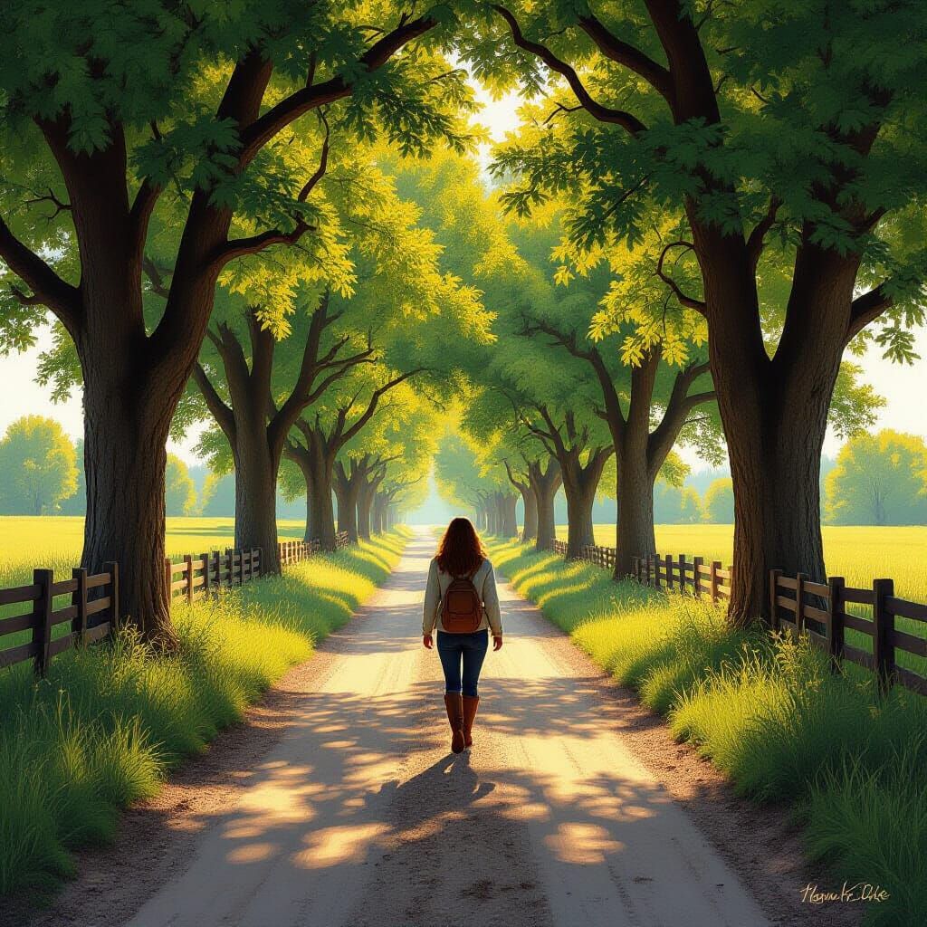 Peaceful Countryside Farm Path with Warm Sunlight