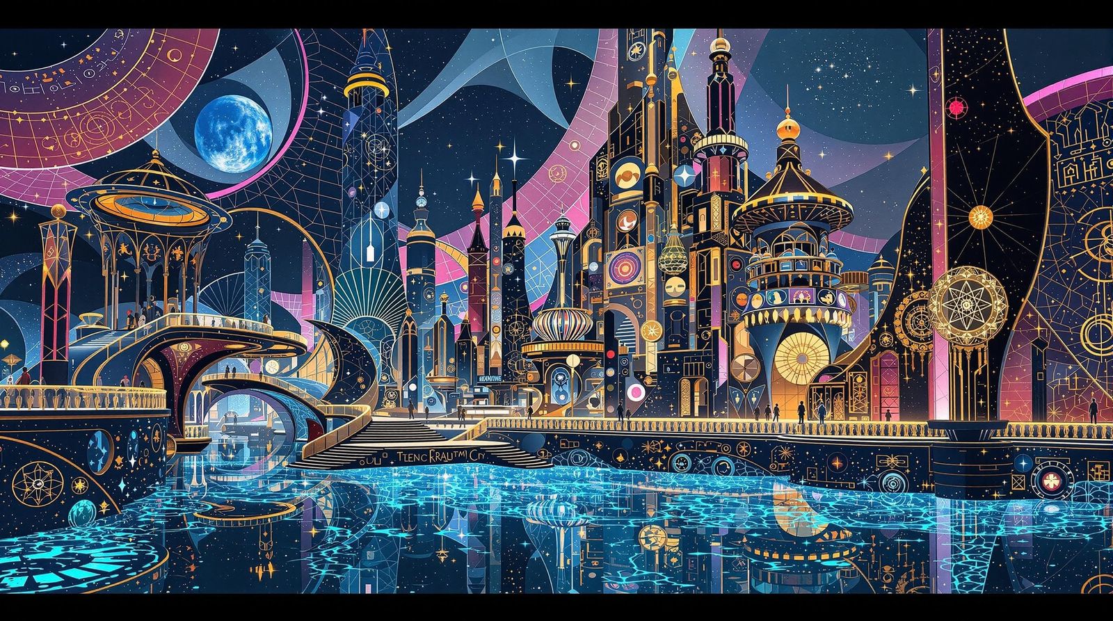 Glowing Cosmic Cityscape on Liquid Methane Planet