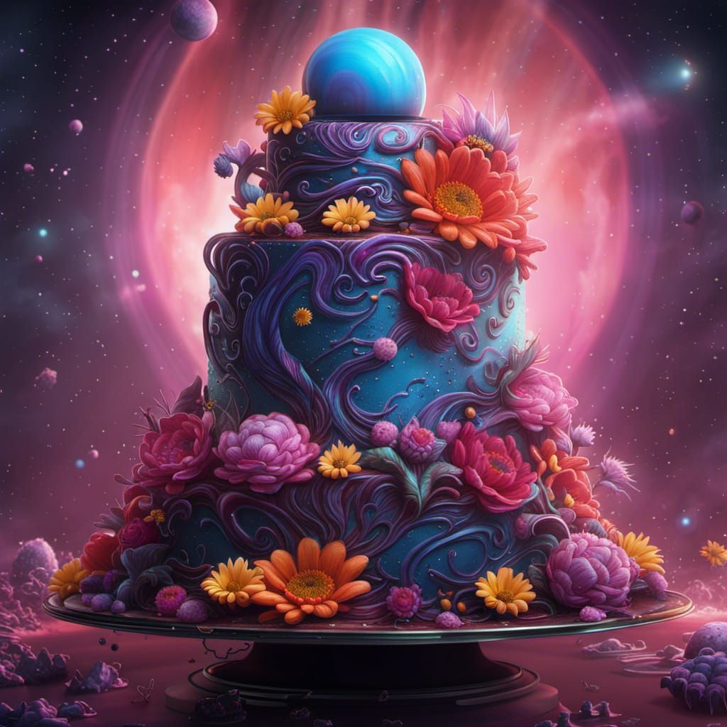 Galaxy Cake with Alien Flowers: Detailed Matte Painting