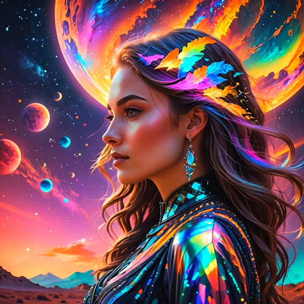 Ethereal Alien Planet with Radiant Woman in Rainbow Hues