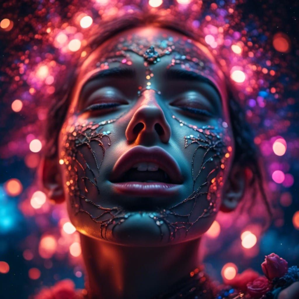 Hyperrealistic Woman Biting Lip with Night Sparkle