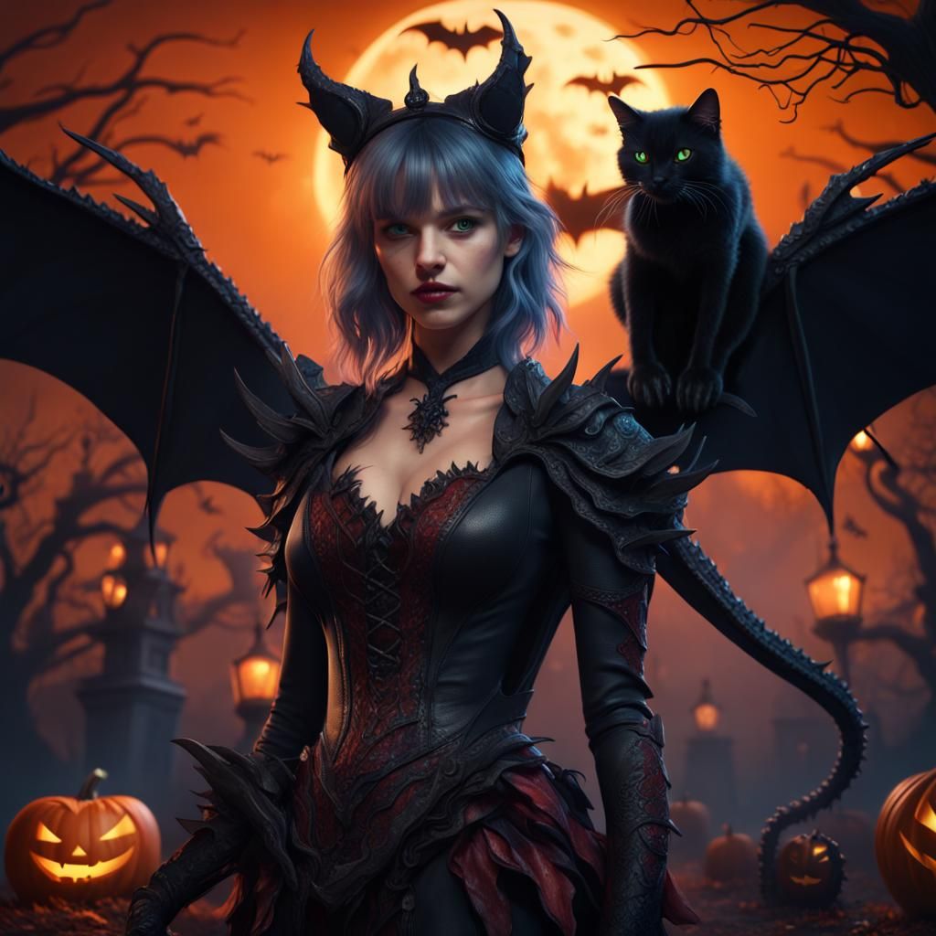 Halloween Girl with Dragon in Detailed Digital Painting