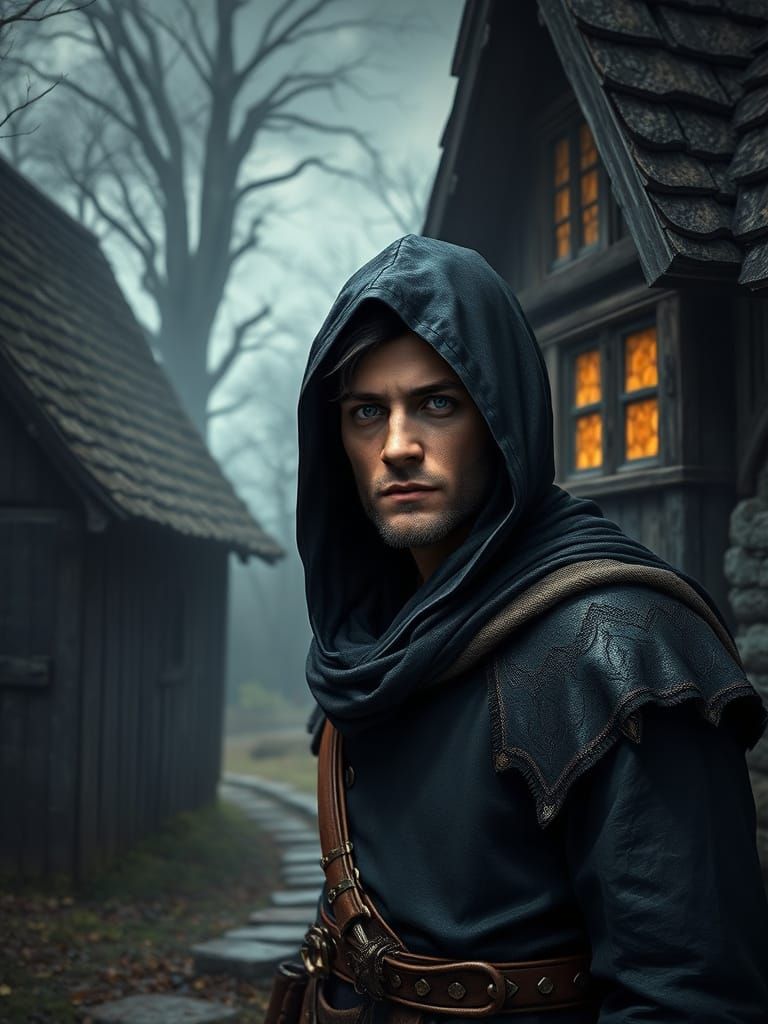 Handsome Medieval Knight Stands Outside His Cottage in a Fan...